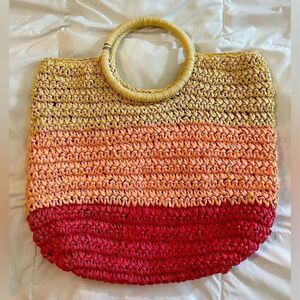 Talbots Colorblock Paper Straw Tote Beach bag lined pink cream